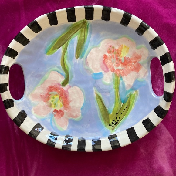 Handmade Ceramic Pink Flowers Design Tray w/ Handles 11”x9.5” Original - Picture 9 of 14